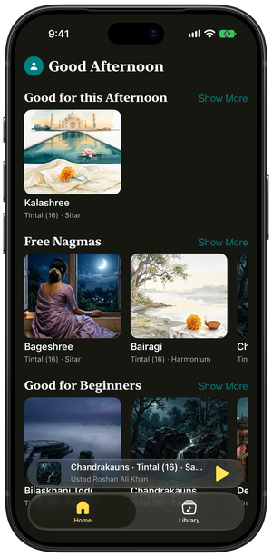NagmaLive home screen on iPhone with nagmas recommended for the time of day, free nagmas, and picks for beginners