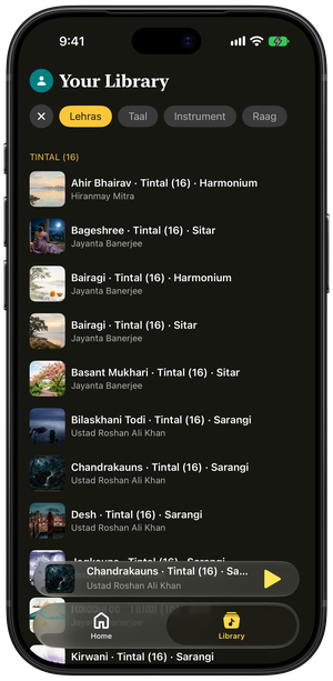 NagmaLive library on iPhone listing Tintal lehras by raag, instrument, and artist, with filters for taal, instrument, and raag